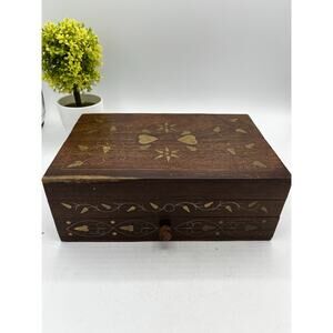Vintage Indian Rosewood Brass Inlay Jewelry Box Drawer Blue Felt Rajasthan